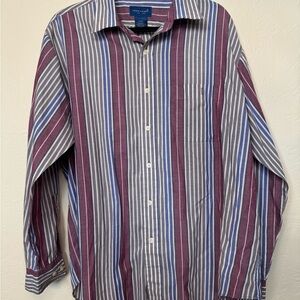 Vintage Men's Striped Shirt - Blue, Gray, and Red
